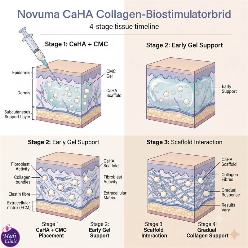 Diagram showing how Novuma CaHA filler supports collagen in JB Diagram showing how Novuma CaHA filler supports collagen in JB