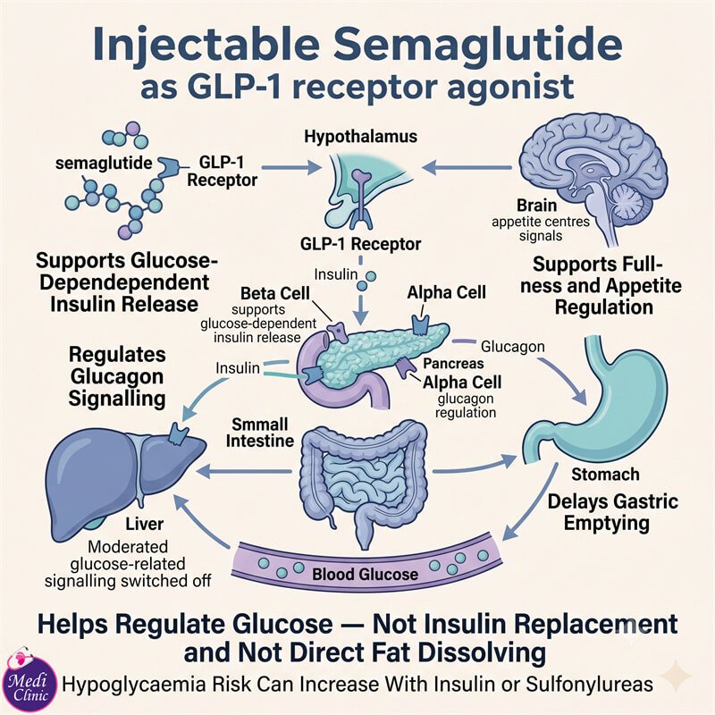 Diagram showing how OZEMPIC semaglutide targets GLP-1 receptors in JB Diagram showing how OZEMPIC semaglutide targets GLP-1 receptors in JB