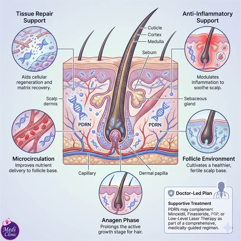 Diagram showing how PDRN scalp treatment supports hair follicles in JB Diagram showing how PDRN scalp treatment supports hair follicles in JB