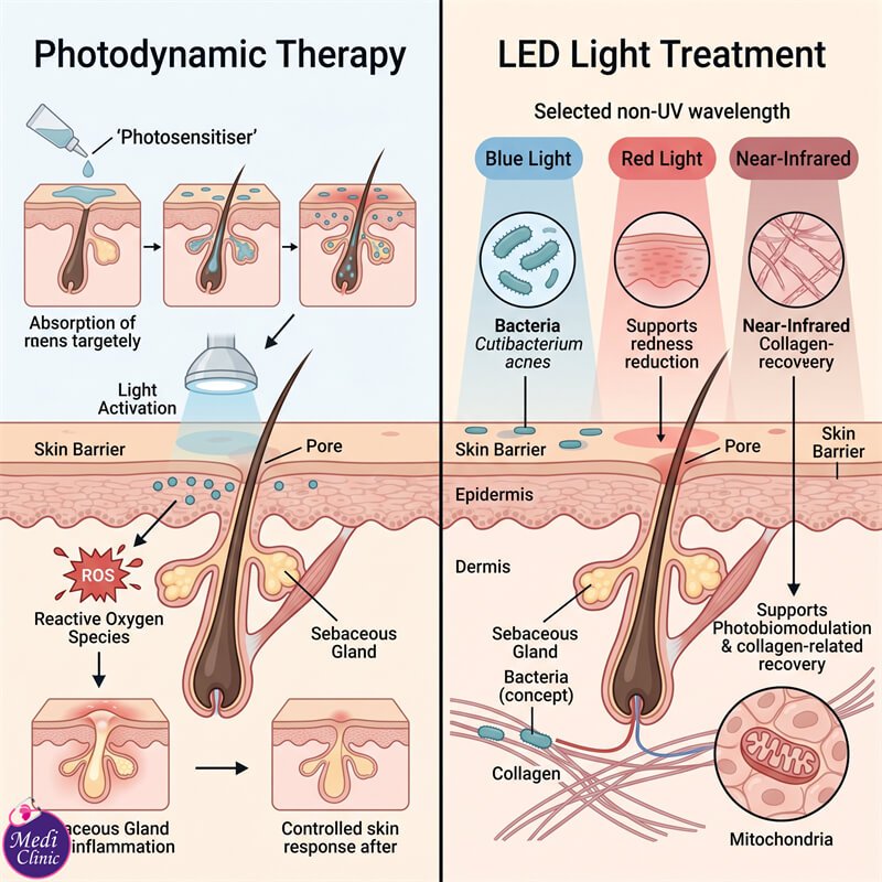 Diagram showing how PDT and LED light treatments target skin in JB Diagram showing how PDT and LED light treatments target skin in JB