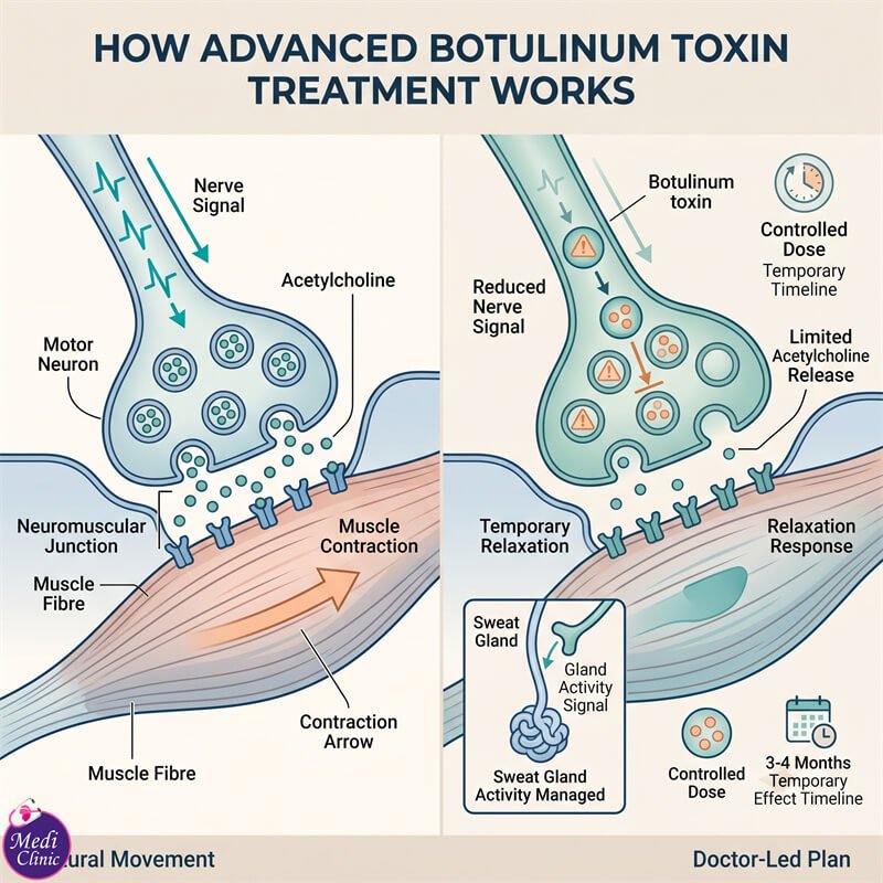 Diagram showing how advanced botulinum toxin relaxes facial muscles in JB Diagram showing how advanced botulinum toxin relaxes facial muscles in JB