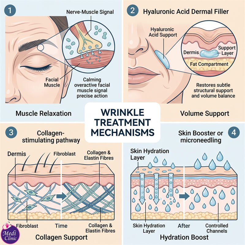 Diagram showing how anti-wrinkle injections target facial lines in JB Diagram showing how anti-wrinkle injections target facial lines in JB