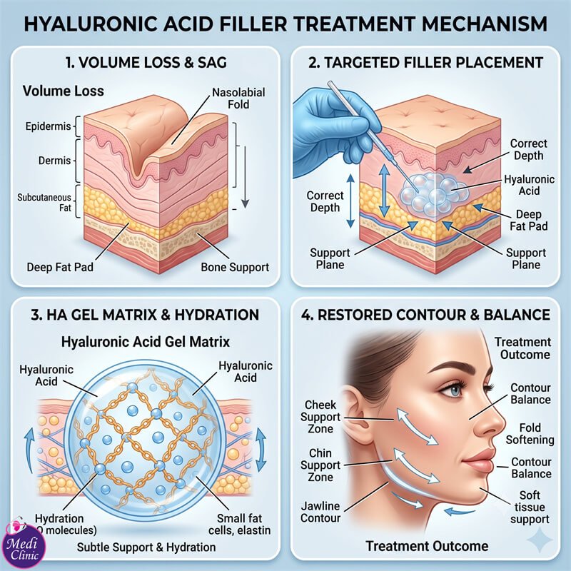 Diagram showing how dermal filler treatment restores volume in JB Diagram showing how dermal filler treatment restores volume in JB