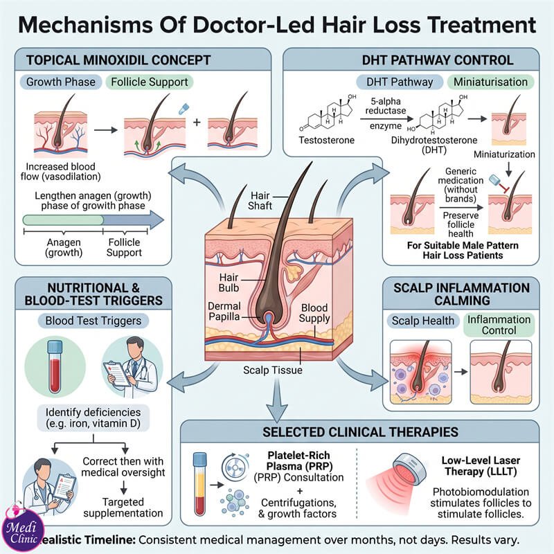Diagram showing how doctor-led hair loss treatment works in JB Diagram showing how doctor-led hair loss treatment works in JB