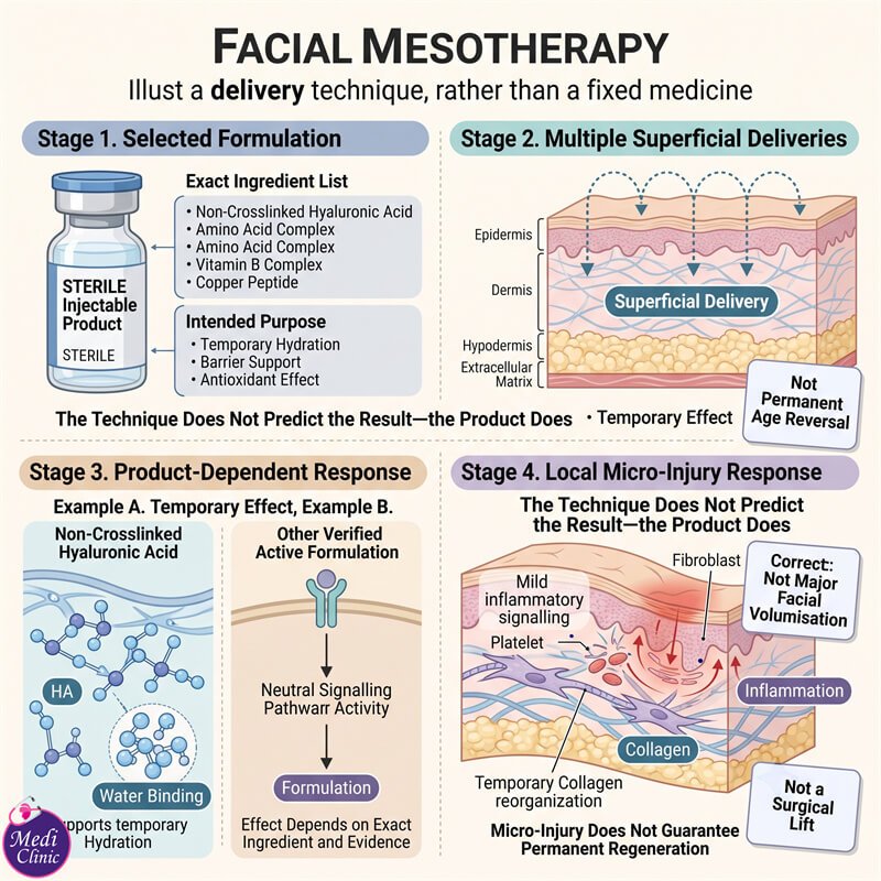 Diagram showing how facial mesotherapy delivers active ingredients into the skin in JB Diagram showing how facial mesotherapy delivers active ingredients into the skin in JB