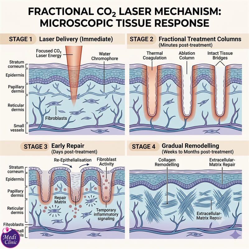 Diagram showing how fractional CO₂ laser microscopic treatment columns work Diagram showing how fractional CO₂ laser microscopic treatment columns work