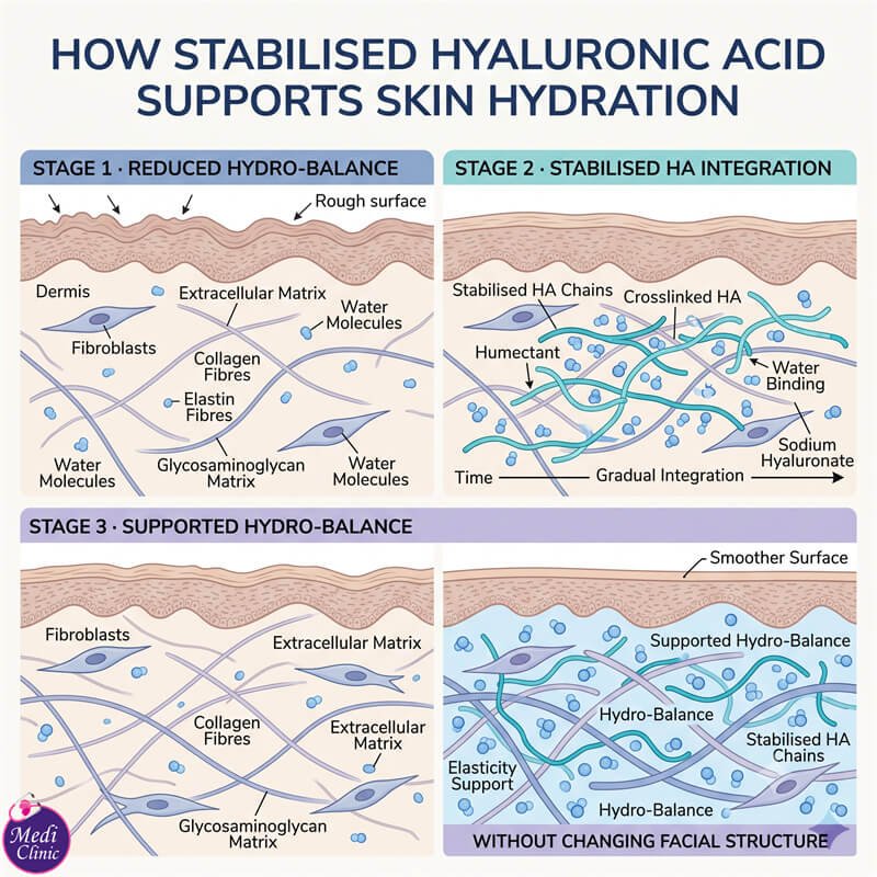 Diagram showing how hyaluronic acid skin booster supports hydration in JB Diagram showing how hyaluronic acid skin booster supports hydration in JB