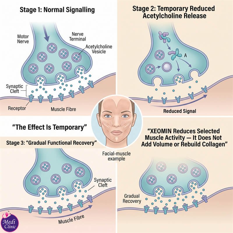Diagram showing how incobotulinumtoxinA works on facial muscles in JB Diagram showing how incobotulinumtoxinA works on facial muscles in JB