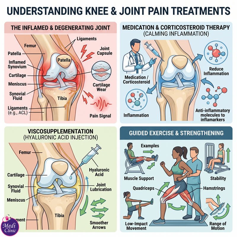 Diagram showing how knee and joint pain treatment improves mobility in JB Diagram showing how knee and joint pain treatment improves mobility in JB