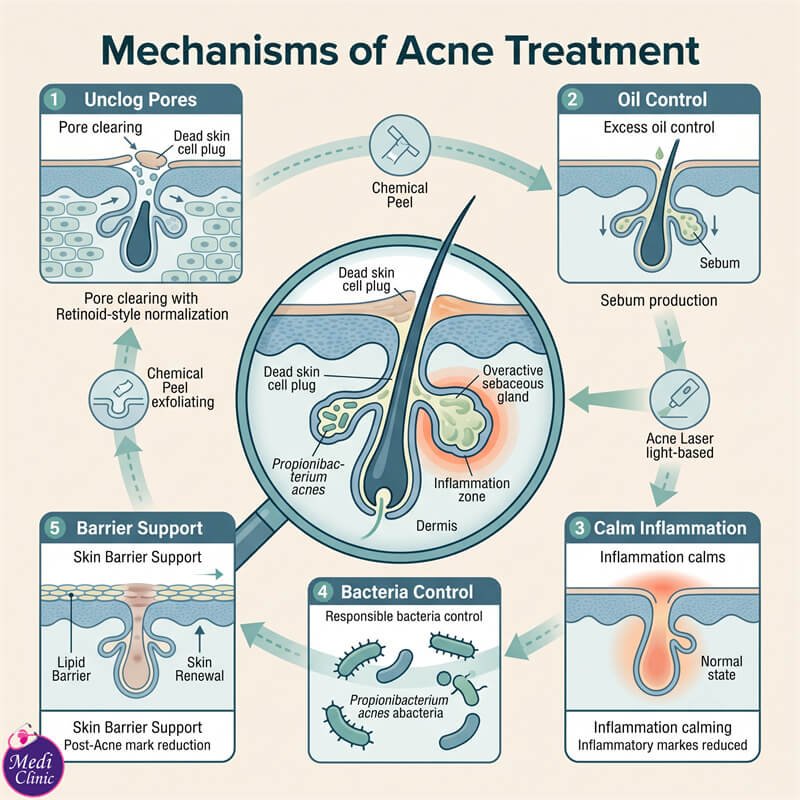 Diagram showing how medical acne treatment clears pores in JB Diagram showing how medical acne treatment clears pores in JB