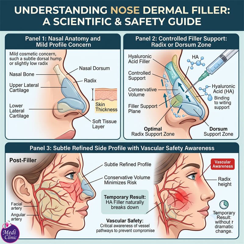 Diagram showing how nose dermal filler supports profile refinement in JB Diagram showing how nose dermal filler supports profile refinement in JB