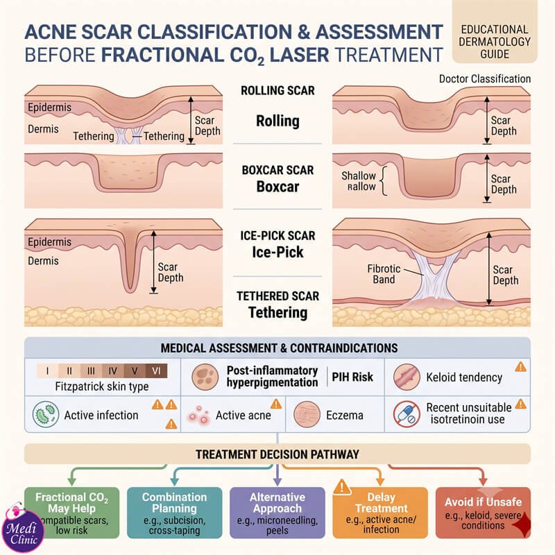 Doctor assessing acne scars before CO₂ laser treatment Doctor assessing acne scars before CO₂ laser treatment