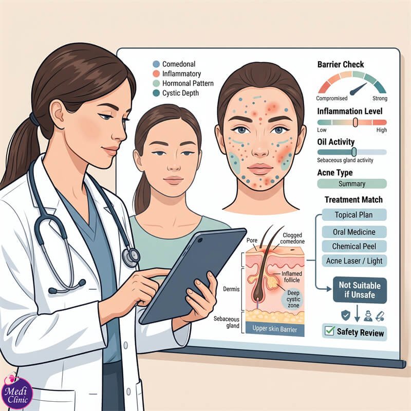 Doctor assessing acne severity and skin type at our Johor Bahru clinic Doctor assessing acne severity and skin type at our Johor Bahru clinic