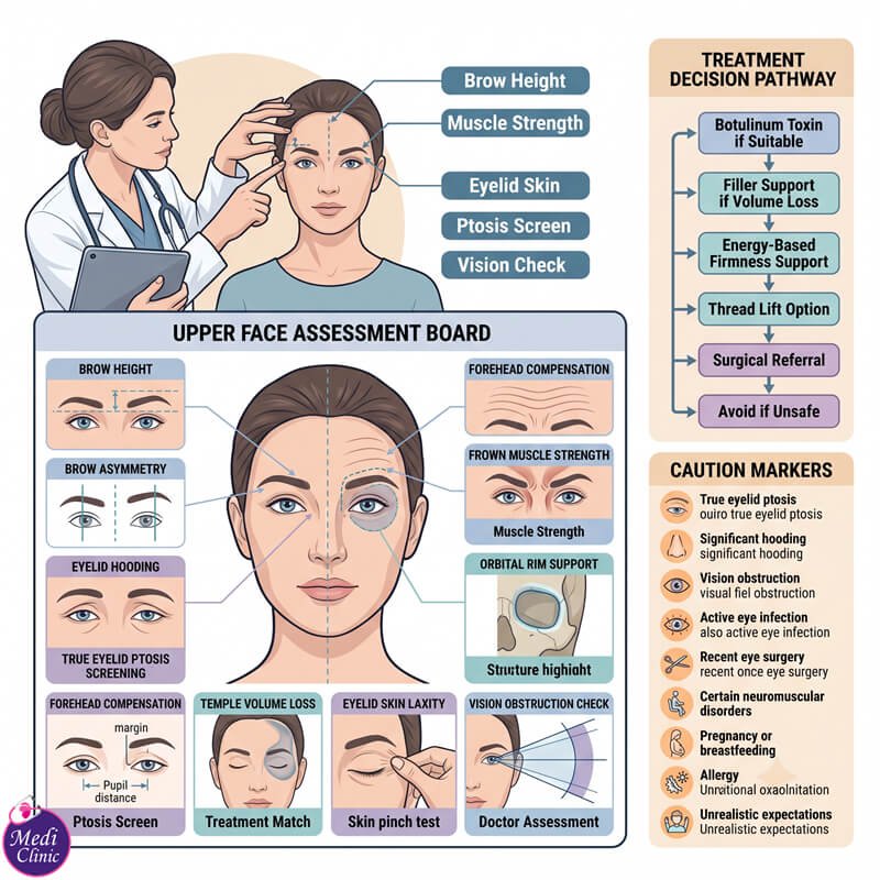 Doctor assessing brow position and muscle balance at our Johor Bahru clinic Doctor assessing brow position and muscle balance at our Johor Bahru clinic
