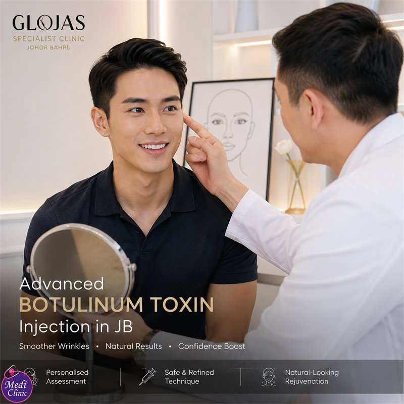 Doctor assessing facial anatomy before botulinum toxin injection at our Johor Bahru clinic JB SG Doctor assessing facial anatomy before botulinum toxin injection at our Johor Bahru clinic JB SG