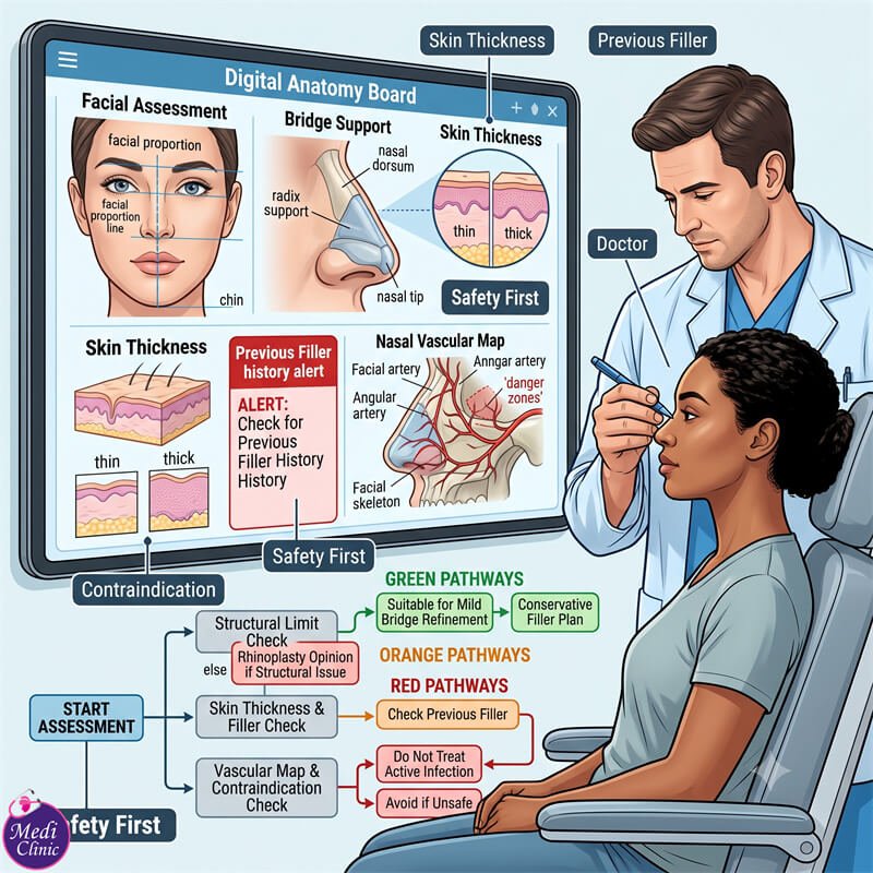 Doctor assessing facial anatomy before nose filler at our Johor Bahru clinic Doctor assessing facial anatomy before nose filler at our Johor Bahru clinic