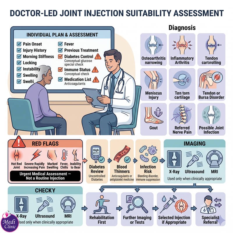 Doctor assessing knee pain before recommending a joint injection in Johor Bahru Doctor assessing knee pain before recommending a joint injection in Johor Bahru