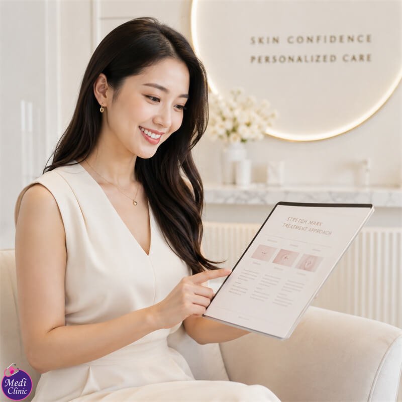 Doctor assessing new and mature stretch marks in Johor Bahru JB SG Doctor assessing new and mature stretch marks in Johor Bahru JB SG