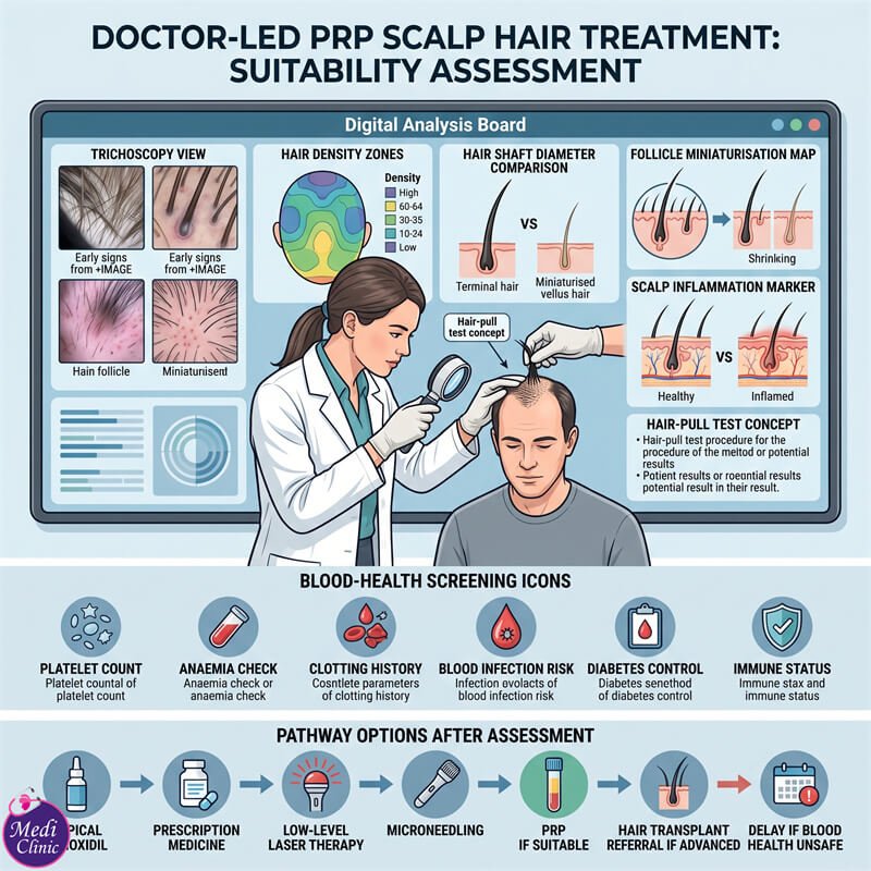 Doctor assessing scalp and hair follicles at our Johor Bahru clinic Doctor assessing scalp and hair follicles at our Johor Bahru clinic