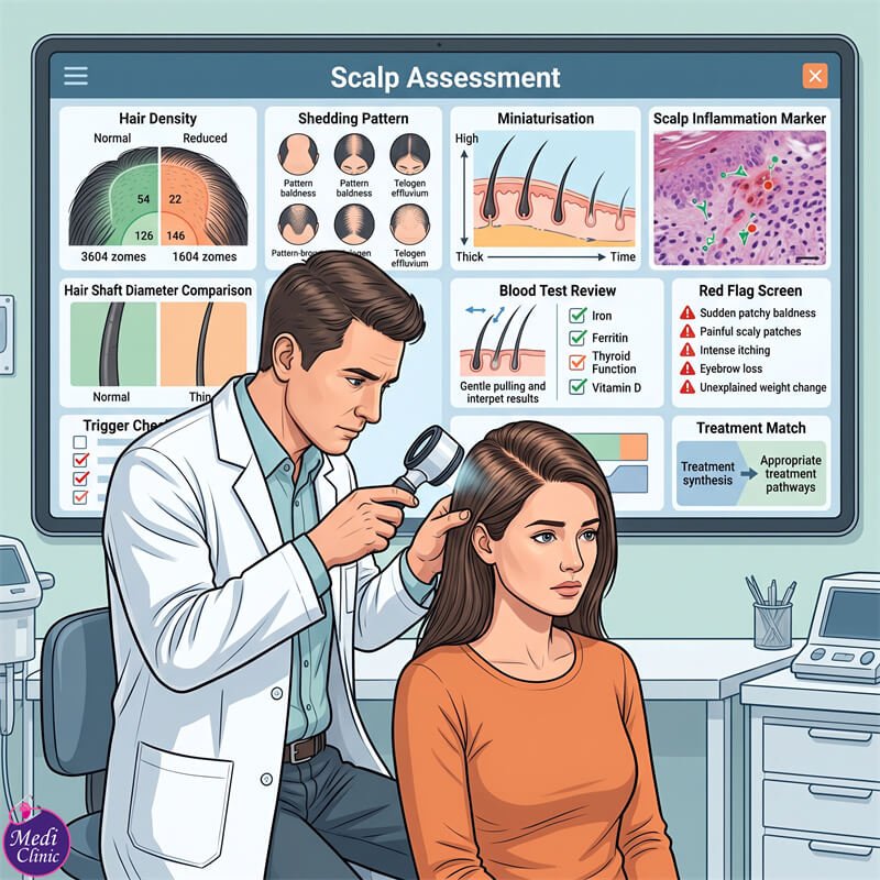 Doctor assessing scalp health and hair thinning at our Johor Bahru clinic Doctor assessing scalp health and hair thinning at our Johor Bahru clinic
