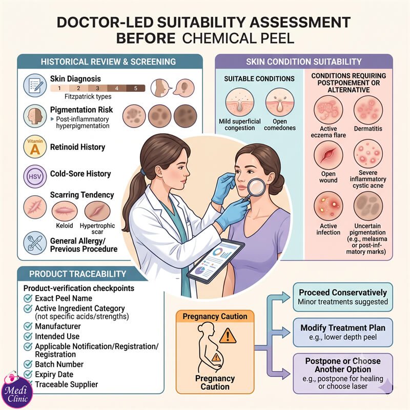 Doctor assessing skin before chemical peeling Doctor assessing skin before chemical peeling