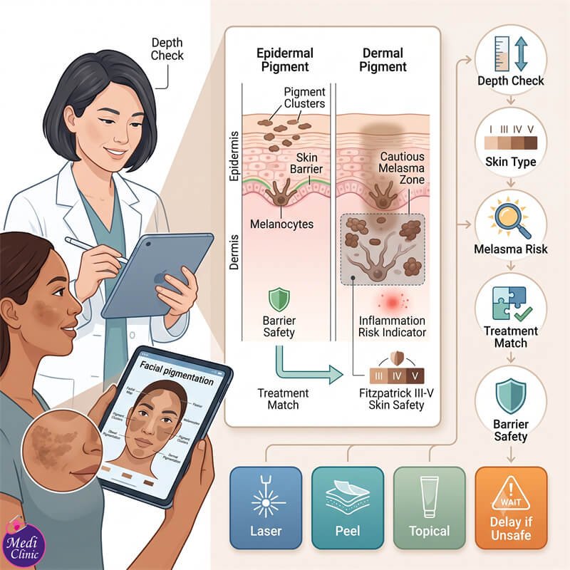 Doctor assessing skin pigmentation type at our Johor Bahru clinic Doctor assessing skin pigmentation type at our Johor Bahru clinic