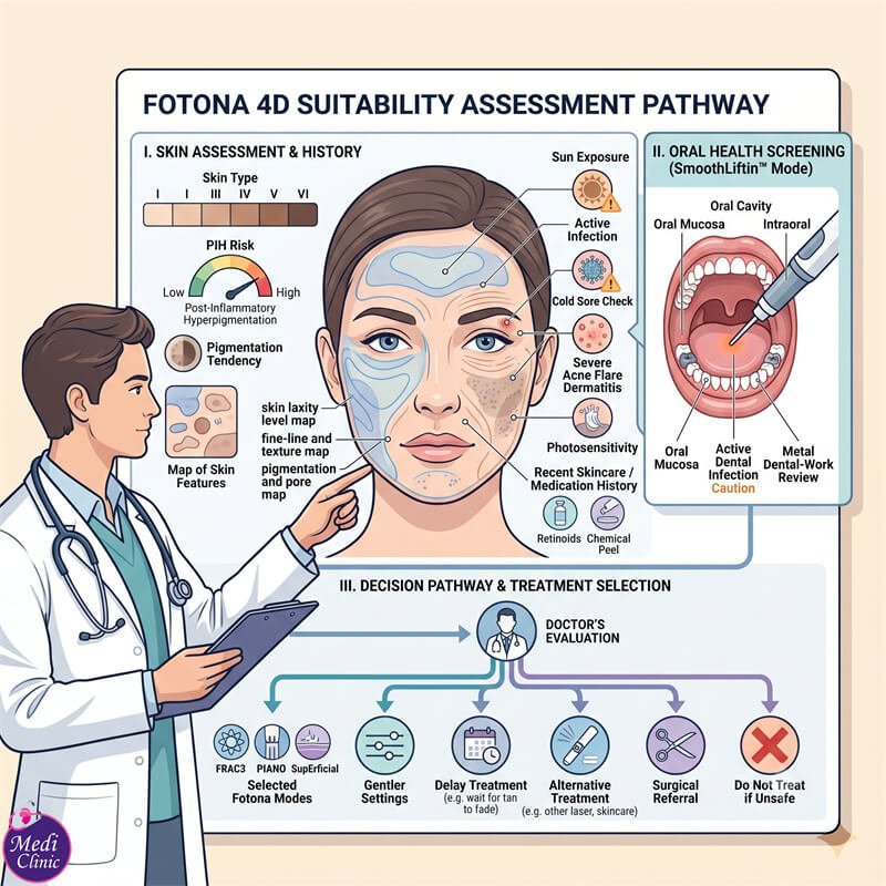 Doctor assessing skin suitability for Fotona 4D treatment in JB Doctor assessing skin suitability for Fotona 4D treatment in JB