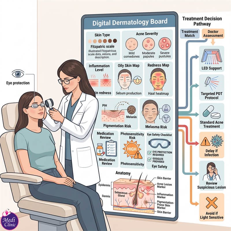 Doctor assessing skin suitability for light-based treatment at our Johor Bahru clinic Doctor assessing skin suitability for light-based treatment at our Johor Bahru clinic