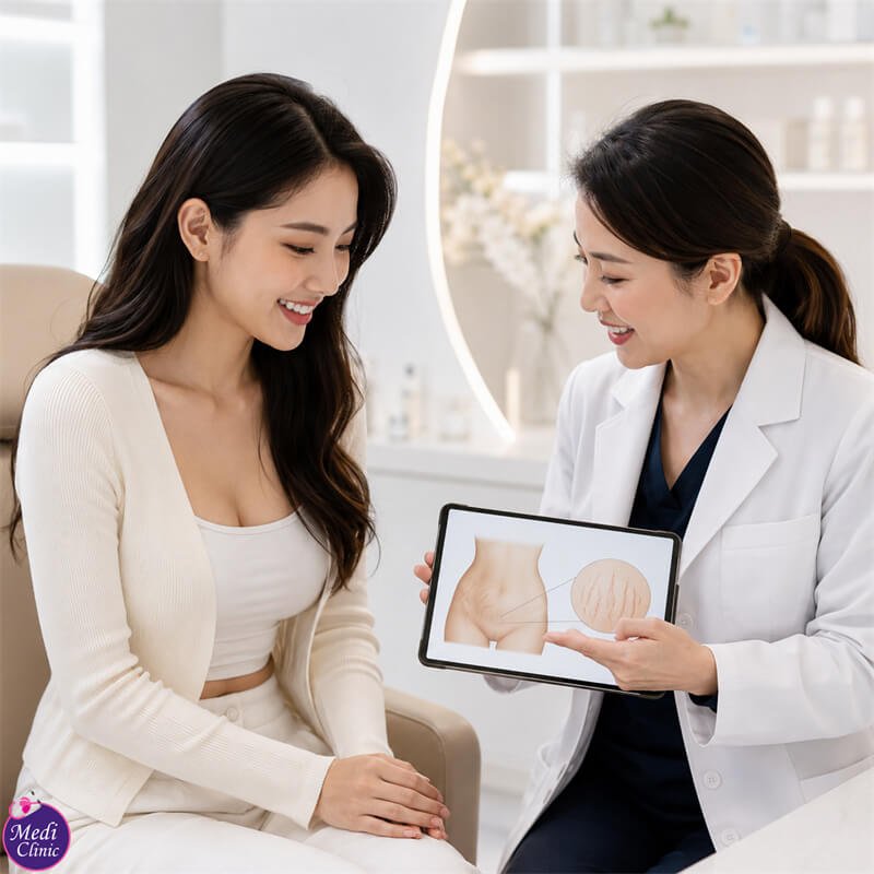 Doctor assessing tummy skin texture and stretch marks at our Johor Bahru clinic JB SG Doctor assessing tummy skin texture and stretch marks at our Johor Bahru clinic JB SG