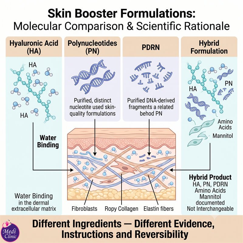 Doctor comparing HA, PN, and PDRN skin boosters in JB