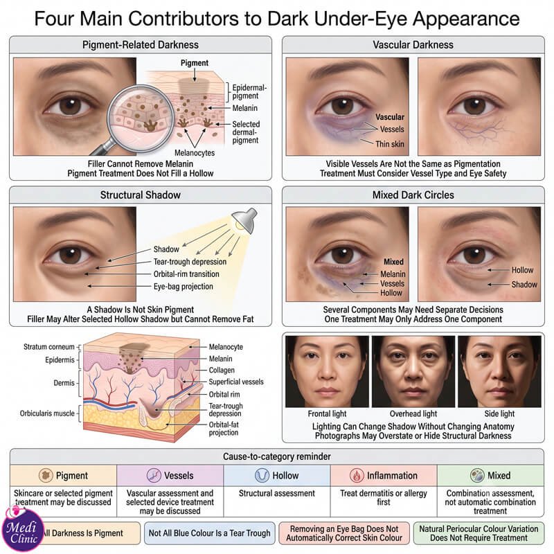Doctor comparing dark circles, eye bags and tear troughs JB SG Doctor comparing dark circles, eye bags and tear troughs JB SG