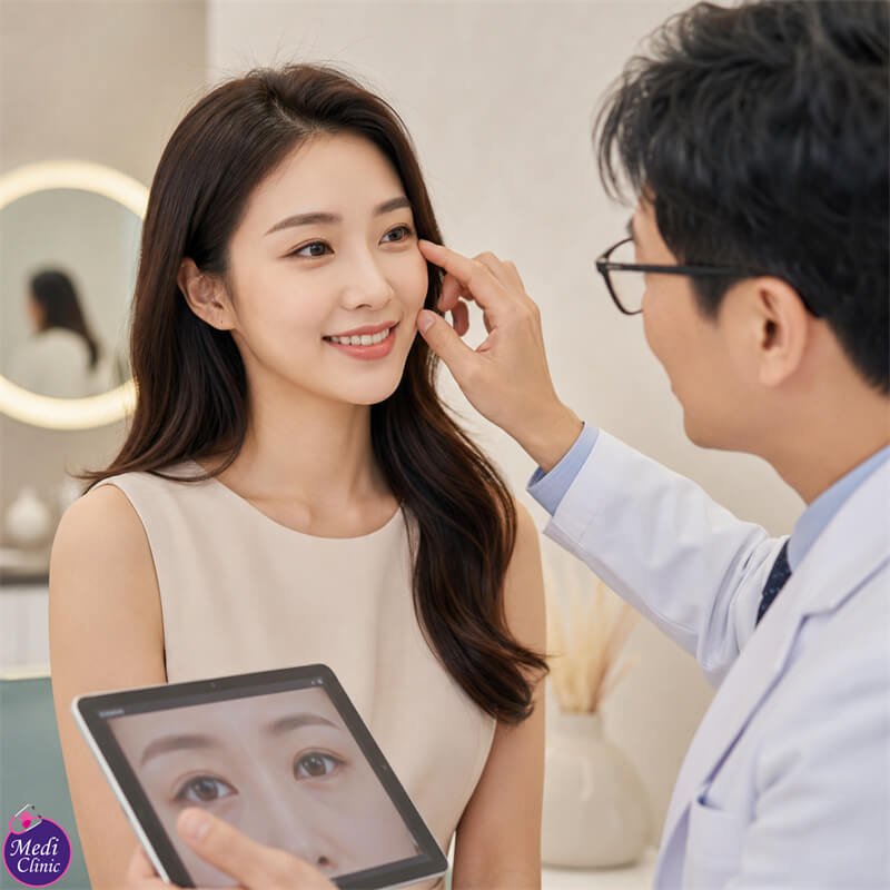 Doctor comparing eyelid hooding, brow descent and ptosis JB SG Doctor comparing eyelid hooding, brow descent and ptosis JB SG