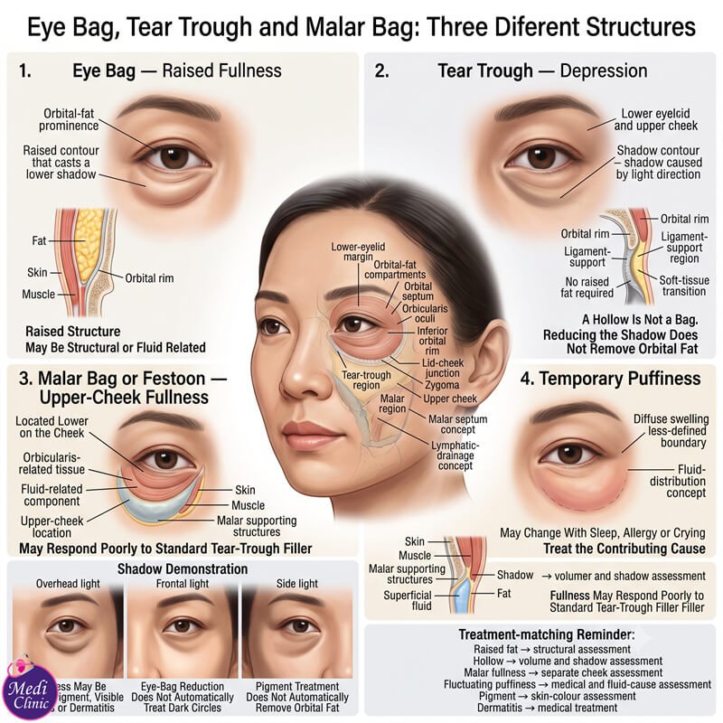 Doctor comparing structural eye bags and temporary swelling JB SG Doctor comparing structural eye bags and temporary swelling JB SG