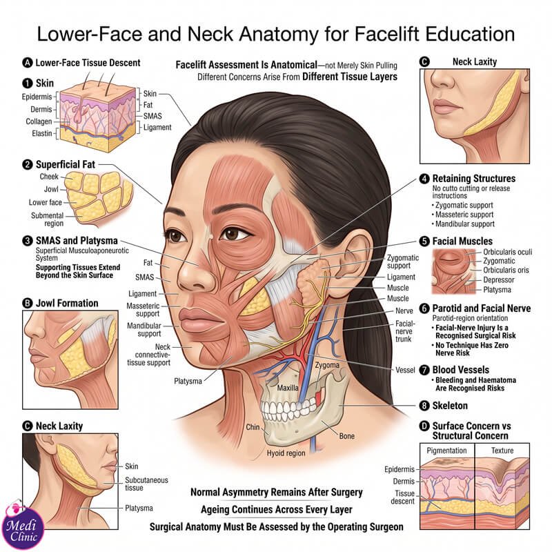 Doctor discussing facelift scars and surgical risks JB SG Doctor discussing facelift scars and surgical risks JB SG
