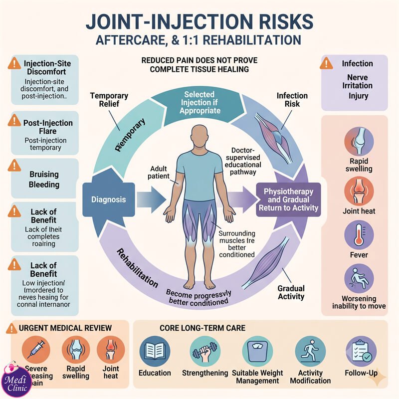 Doctor discussing joint injection risks and rehabilitation with a patient near Eco Botanic Doctor discussing joint injection risks and rehabilitation with a patient near Eco Botanic