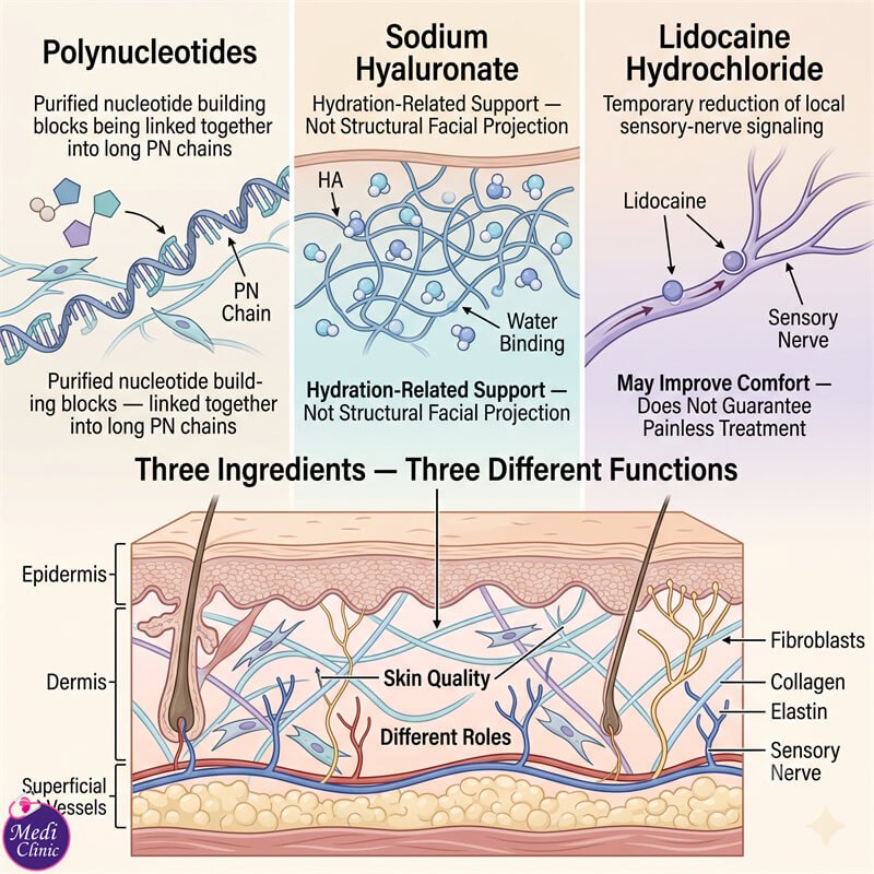 Doctor explaining PN HA and lidocaine ingredients Doctor explaining PN HA and lidocaine ingredients