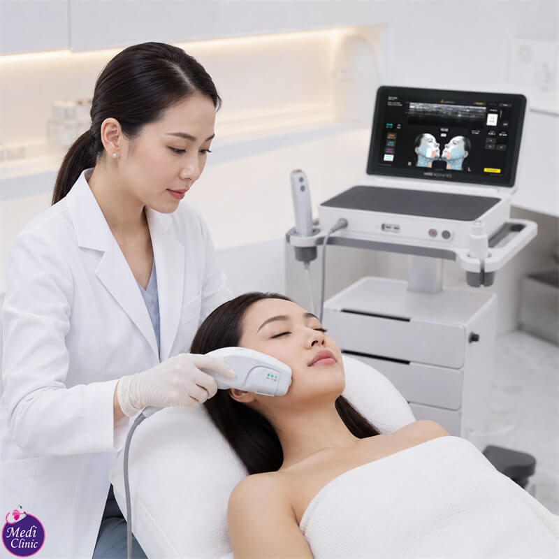 Doctor explaining Ultherapy nerve and burn risks JB SG Doctor explaining Ultherapy nerve and burn risks JB SG