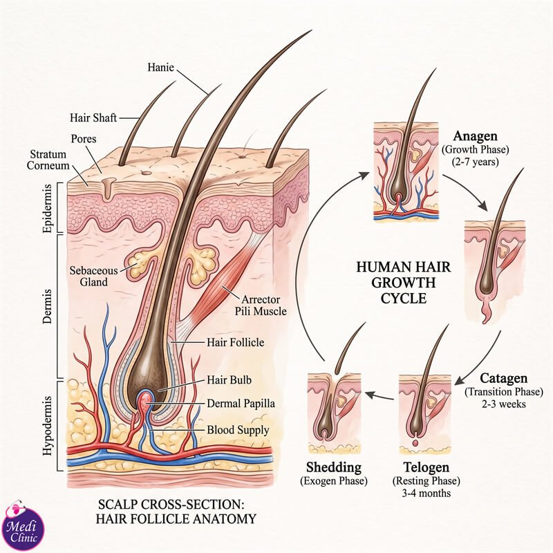 Doctor performing hair loss and scalp assessment at Medi Clinic Johor Bahru Doctor performing hair loss and scalp assessment at Medi Clinic Johor Bahru