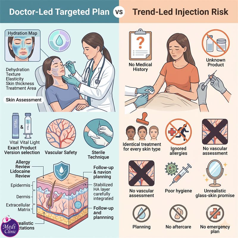 Doctor planning a hyaluronic acid skin booster programme for patient from Singapore at Medi Clinic JB Doctor planning a hyaluronic acid skin booster programme for patient from Singapore at Medi Clinic JB