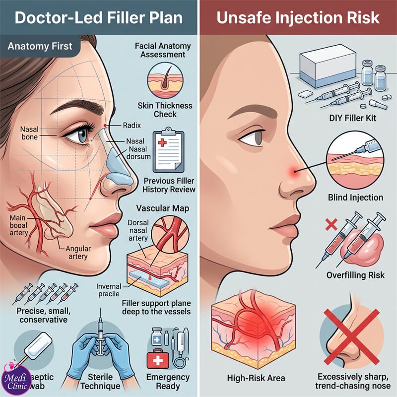 Doctor planning a nose filler treatment programme for patient from Singapore at Medi Clinic JB Doctor planning a nose filler treatment programme for patient from Singapore at Medi Clinic JB