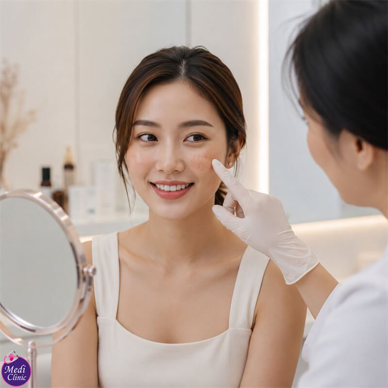 Doctor planning a skin pigmentation treatment programme for patient from Singapore at Medi Clinic JB SG Doctor planning a skin pigmentation treatment programme for patient from Singapore at Medi Clinic JB SG