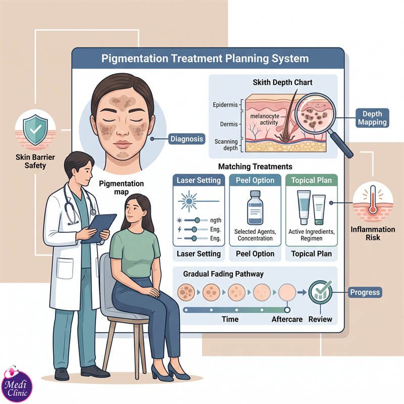 Doctor planning a skin pigmentation treatment programme for patient from Singapore at Medi Clinic JB Doctor planning a skin pigmentation treatment programme for patient from Singapore at Medi Clinic JB