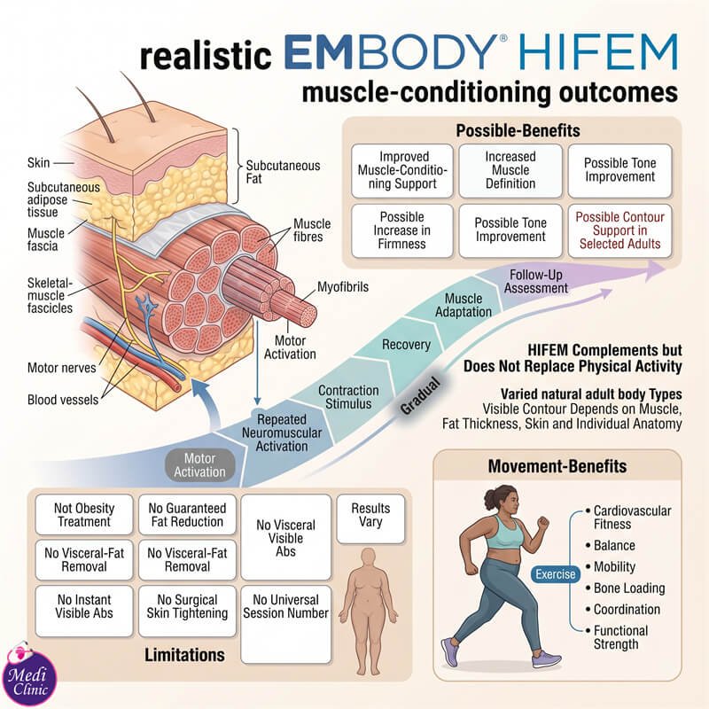 Patient discussing EMBODY aftercare and muscle recovery at Medi Clinic JB Patient discussing EMBODY aftercare and muscle recovery at Medi Clinic JB