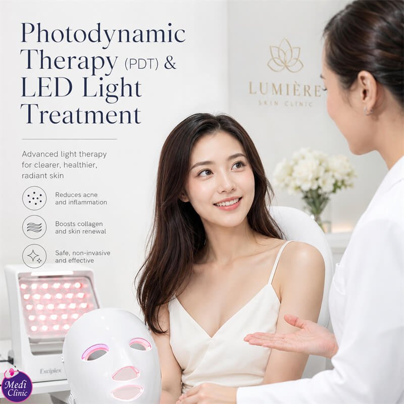 患者在 Medi Clinic 与医生讨论 LED 光疗后护理与防晒 患者在 Medi Clinic 与医生讨论 LED 光疗后护理与防晒
