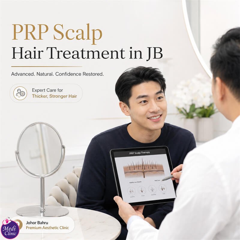 Patient discussing PRP hair treatment aftercare and safety at Medi Clinic JB SG Patient discussing PRP hair treatment aftercare and safety at Medi Clinic JB SG