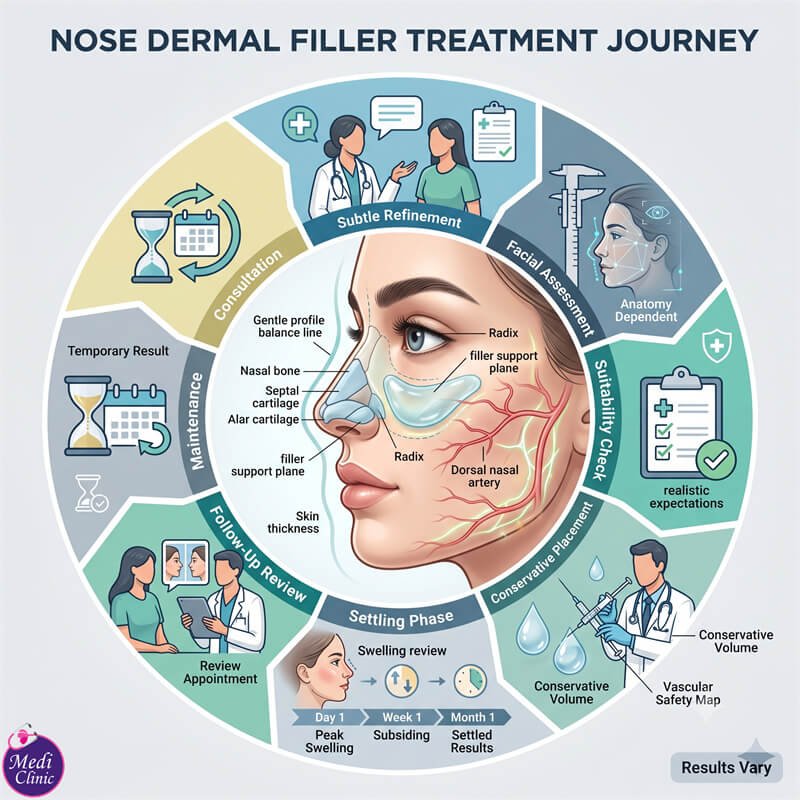 Patient discussing nose filler aftercare and safety at Medi Clinic JB Patient discussing nose filler aftercare and safety at Medi Clinic JB