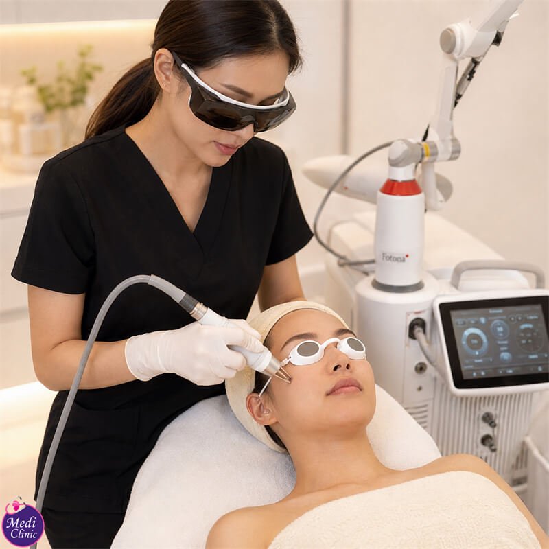 Doctor assessing eyebrow position before VectorLift JB SG Doctor assessing eyebrow position before VectorLift JB SG