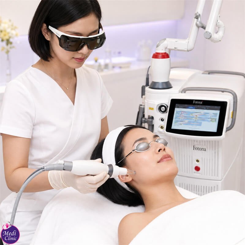 Doctor assessing facial laxity before Fotona laser treatment JB SG Doctor assessing facial laxity before Fotona laser treatment JB SG