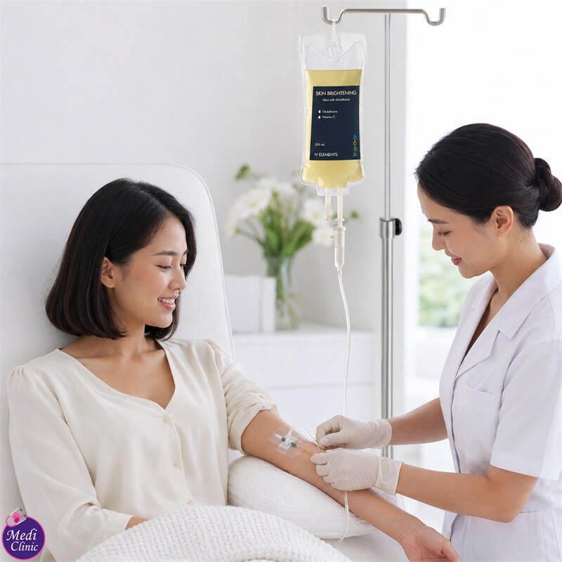 Doctor assessing kidney and G6PD risk before IV vitamin C JB SG Doctor assessing kidney and G6PD risk before IV vitamin C JB SG