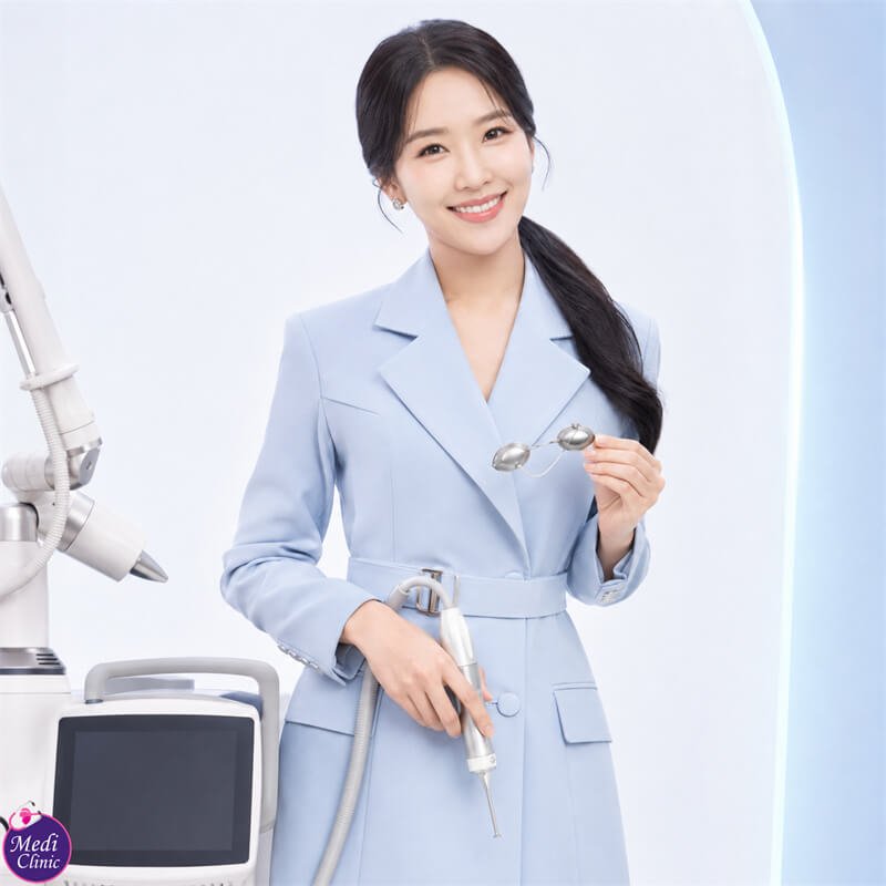 Doctor assessing periocular wrinkles before SmoothEye treatment JB SG Doctor assessing periocular wrinkles before SmoothEye treatment JB SG